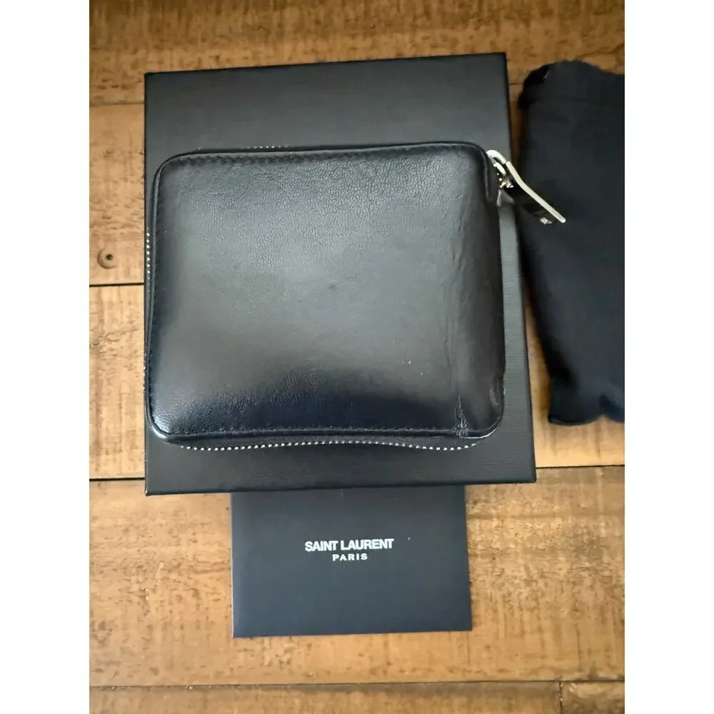 Saint Laurent Wallet Men's Black Leather Zip Around Bifold Coin Pocket W/Box